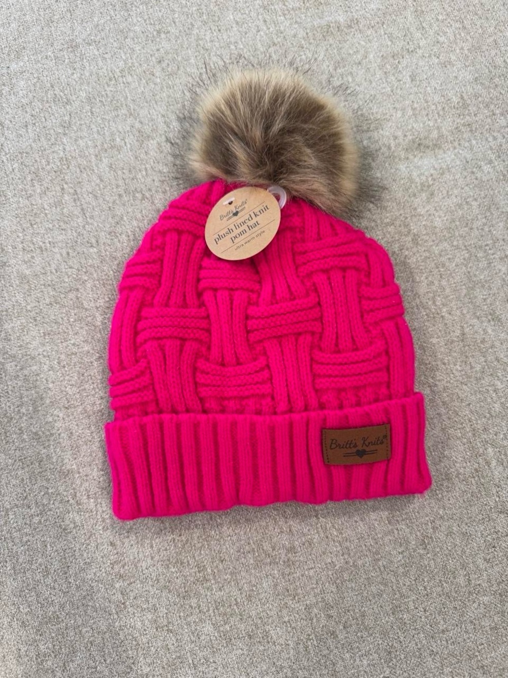 NWT Britt’s Knit’s Knit Pom Hat - Bright Pink with Faux Fur Pom OS